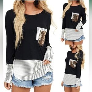 B E A Black & White Striped Long Sleeve Sequin Pocket Top S New